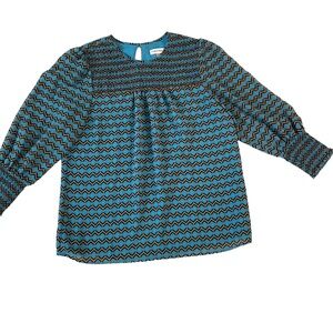 Calvin Klein Blue Black‎ Smocked Geometric Pattern 3/4 Sleeve Blouse Women’s Med